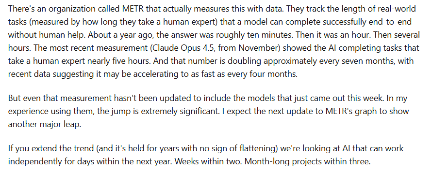 Graph from the Something Big is Happening article showing exponential AI capability growth